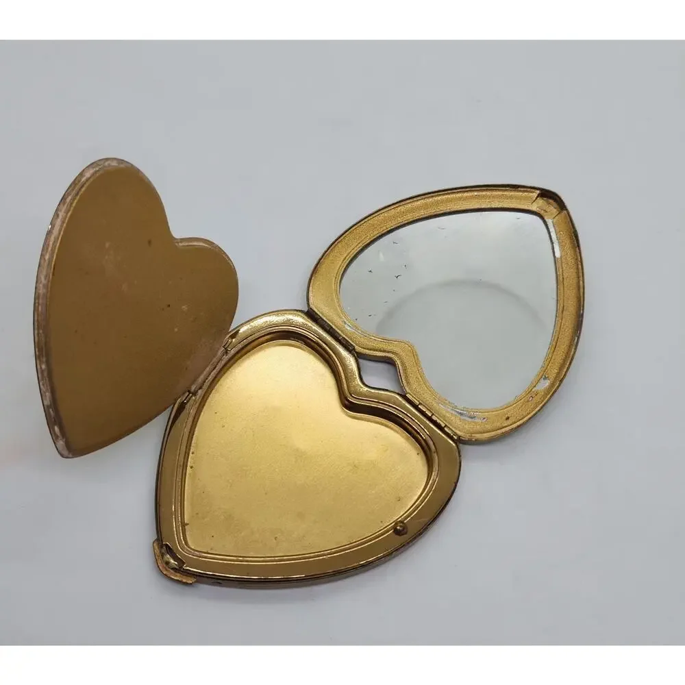 Vintage Heart Compact Lovebirds Mirror Powder Case USA Gold Tone Enamel RARE